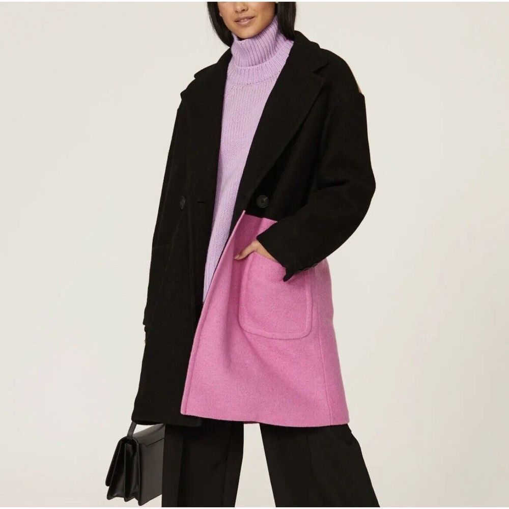 PETER SOM Collective Womens Colorblock Wool-Blend Coat Sz 0 Black-Pink-Tan